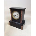 A Victorian black slate mantle clock with marble trim. No keys and untested A/F W:22cm x D:13cm x