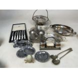 A quantity of silver plated and chrome items included boxed cutlery and condiment sets