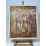 A mid to late 20th century contemporary semi abstract oil portrait with pencil on textured hard