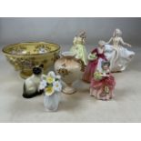 Four Royal Doulton Ladies, Cissie, Janet, sweet seventeen and Paula also with a beswick cat and