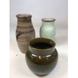 A Myatt art pottery glazed jardiniere, a Denby vase and a stoneware vase impressed LA H:30cm