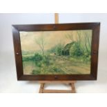 A framed and glazed print in an oak Arts and Crafts style frame W:65cm x H:45cm