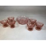 A 1930s pink pressed glass dessert set W:22cm x H:7cm Bowl