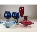 A quantity of mid century glass in blue and ruby red. Includes large blue goblets H: of tallest