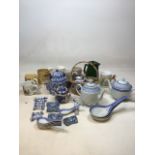 A quantity of blue and white oriental China with other items