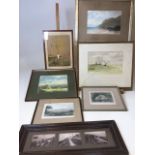 A quantity of prints, water colours, a pastel and framed photographs of Folkestone. Glass broken