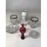 A Belleek Butterfly flower vase together with a pair of Belfast Crystal ice buckets decorated with