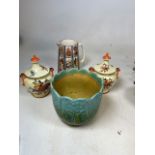 A Jardiniere by Watcombe pottery in style of Christopher Dresser also with a pair of Art Deco