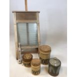 A vintage wash board with thermometer, TG Green storage canisters and one other