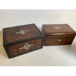 Two mother of pearl inlaid walnut boxes. W:30cm x D:23cm x H:15cm