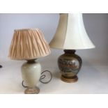 Two ceramic based lamps. One with Japanese images, the other crackle glaze H:65cm tallest lamp to