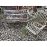 A slatted garden bench with metal curved ends. W:123cm x D:60cm x H:80cm