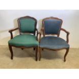 A near pair of reproduction mahogany upholstered Queen Anne style open arm chairs. H:46cm