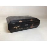 A decorative Japanese lacquered wood box inlaid with mother of pearl. a/F W:33cm x D:23cm x H:13cm