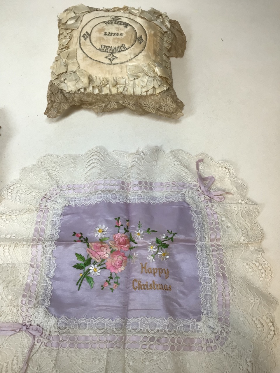 A Victorian christening gown and bonnet, vintage embroidered cushion and other items, tin of - Image 7 of 10