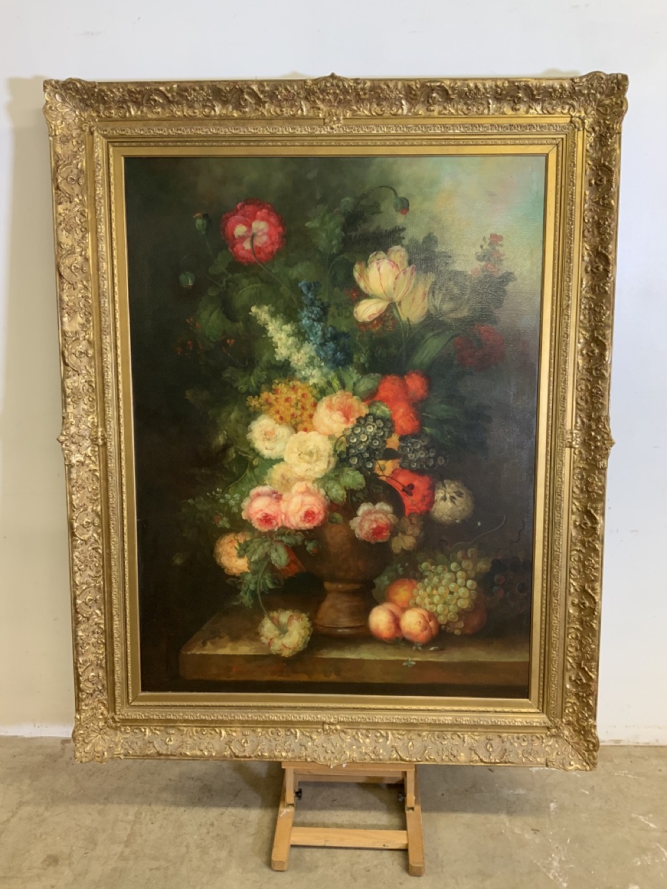 A very large floral oil on canvas signed L.Martin lower left. In good quality modern gilt frame. W: