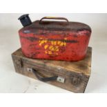 A vintage petrol can also with an oak fitted tool box.