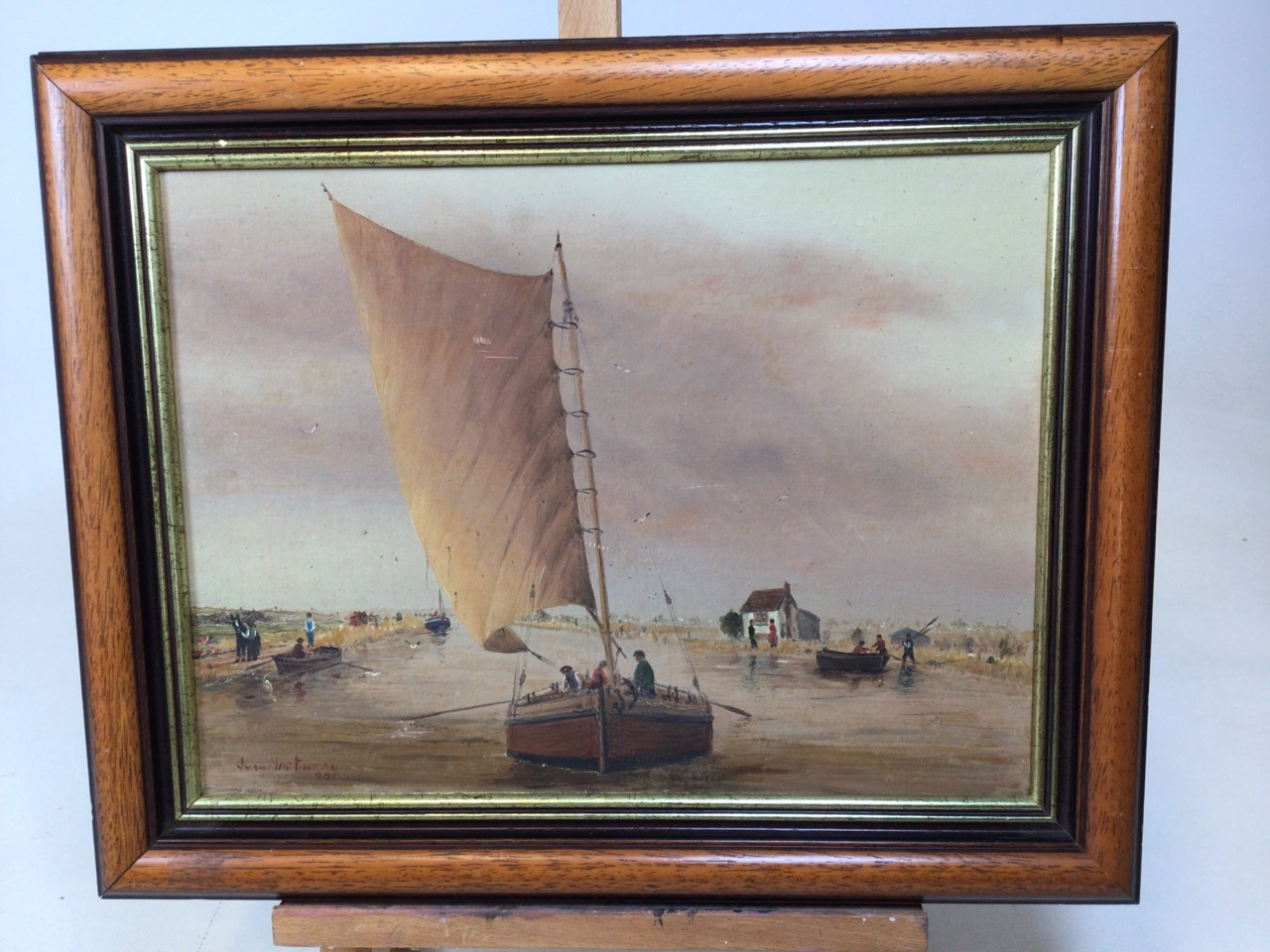 An oil on canvas of a Spiritsail barge near Topsham lock on the Exeter canal. Signed lower left -