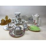 A mixed lot of ceramics, amber glass dressing table set Stuart Crystal flower bowl, Portmeirion vase