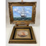 An oil on board of a galleon at sea also with a naval print. W:53cm x H:43cm