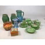 A Shelley cigarette holder and ashtray, a pair of green glazed Candy Ware vases, a large Green and