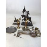 A quantity metal ware including silver plated cutlery, copper items and shelter figures of Jeanne