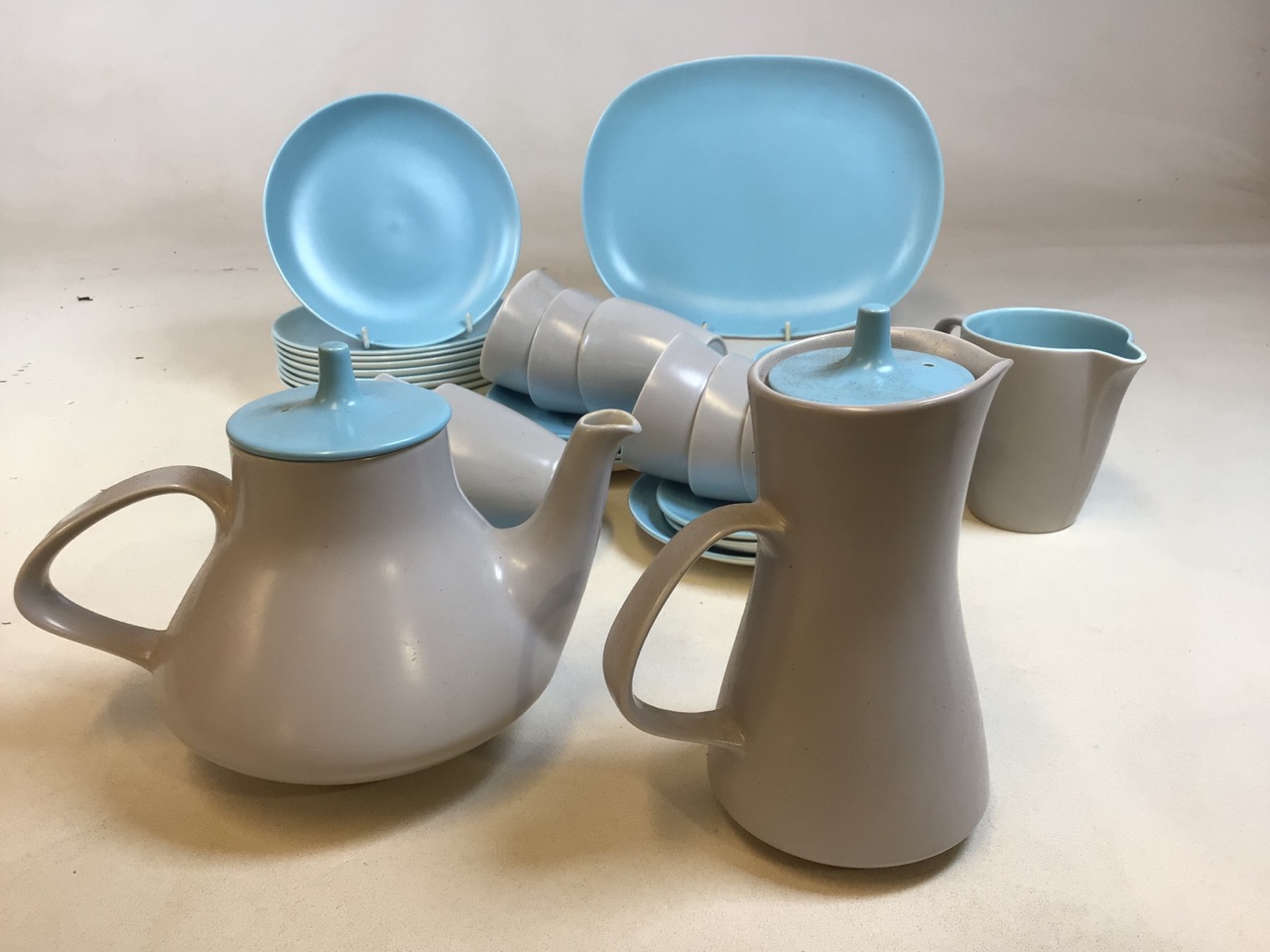 Poole pottery blue and grey two tone tea set includes teapot and hot water pot, tea cups and - Image 2 of 4