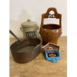 A Chinese style wooden rice bucket, copper coooking pan, bread crock etc.