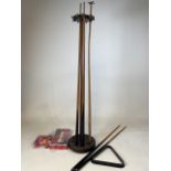 Snooker cue stand with cues, balls and triangle. H:115cm