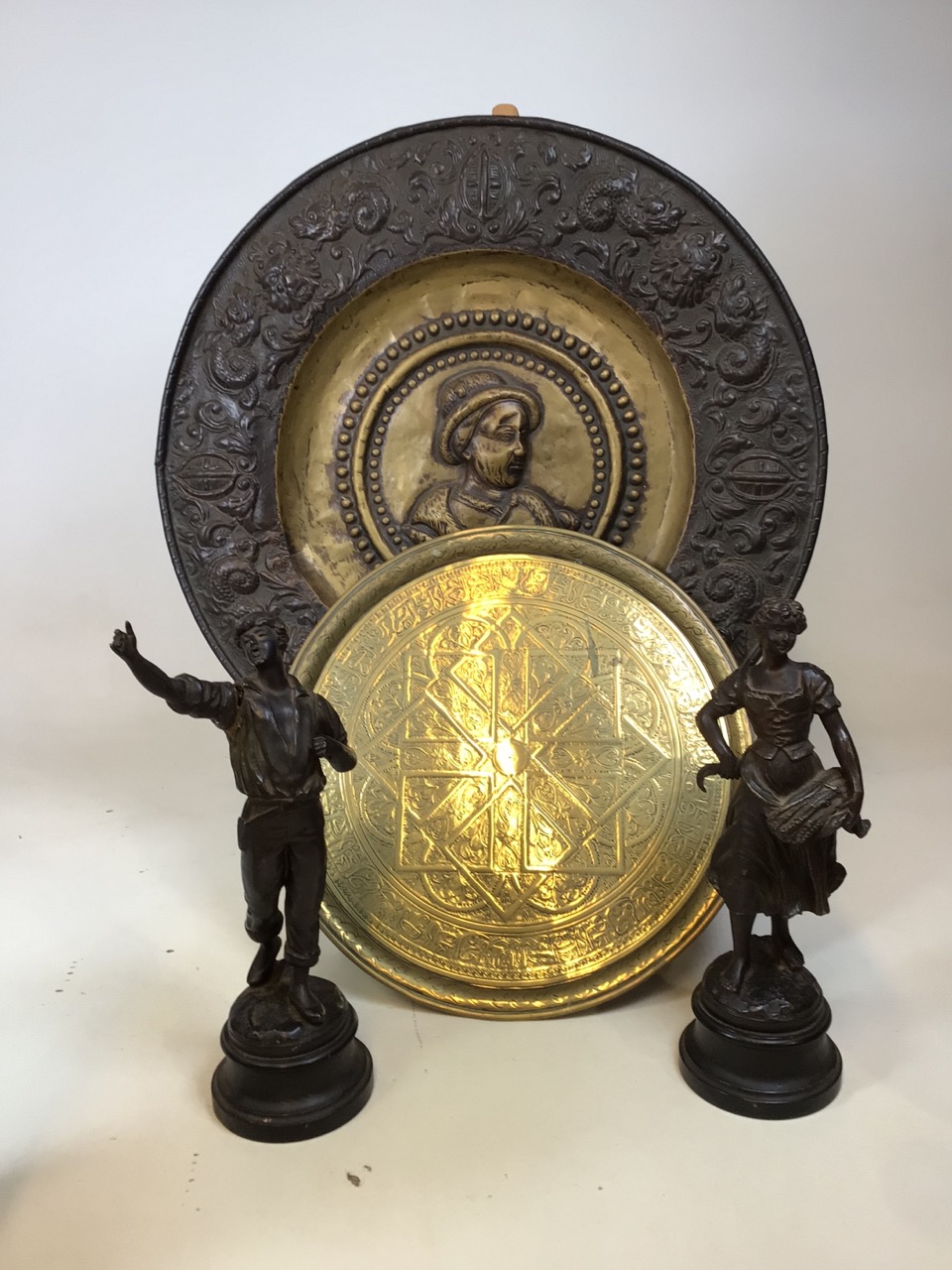 Brass chargers, an oil lamp, a pair of spelter figures and a Smiths Bakelite clock - Image 2 of 6