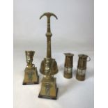 Brass items including a pair of Welsh miniature miners lamps (12cm),and a pair of Nefertiti heads