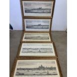Five furnishing prints, views of London. Black and white in gilt frames. W:97cm x H:51cm