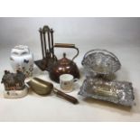 2 silver plated bowls also with a copper kettle, scoop, an Aynsley ginger jar and other items