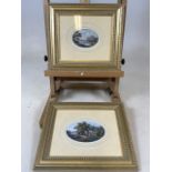 A pair of landscape watercolours in oval mounts and gilt frames. Aperture sizes W:13cm x H:8cm and