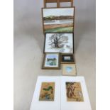 Two pith prints - a tiger and a duck also with two water colours and hand coloured prints