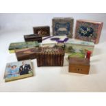 A quantity of vintage tins and boxes includes cart & Co, Sharps, Cadbury, Huntley and Palmer and