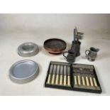 A boxed set of fish knives and forks together with pewter tankards, a copper bowl and other items