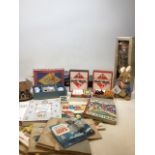 Toys - two vintage Monopoly sets, Peter Rabbit, dolls tea set, books and tea cards
