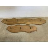 Two oak coat racks with metal hooks. W:135cm x H:24cm