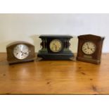 Three mantle clocks, Edwardian inlaid, faux slate mantle clock and an Art Deco clock.