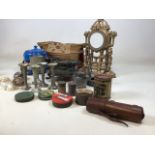 Vintage tins including Andrews Liver Salt, Fluxite and others also with metal items a cine film