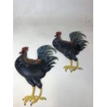 A pair of hand painted metal chickens W:40cm x H:64cm