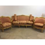 A modern French style three seater sofa and two chairs. W:194cm x D:84cm x H:94cm