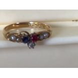 An 18 carat gold ring set with pearls, a ruby, a diamond and a sapphire. Size 7.5 / O