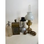 A Vapalux lamp a brass lantern marked Moto sails Weymouth, railway oil lantern etc.