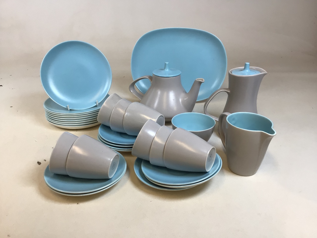 Poole pottery blue and grey two tone tea set includes teapot and hot water pot, tea cups and
