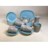 Poole pottery blue and grey two tone tea set includes teapot and hot water pot, tea cups and