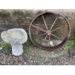 A Vintage metal wheel and two piece bird bath. Wheel W:70cm x H:70cm