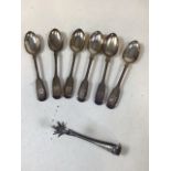 A set of 6 silver monogrammed tea spoons and a pair of claw sugar nips 187 gm