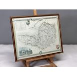 Framed print of a William IV period map of Somerset. Illustrated in colour with annotations and